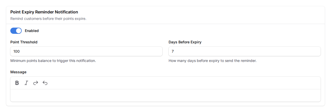 Point Expiry Reminder Notification section expanded showing Enabled toggle, Point Threshold, Days Before Expiry, and Message fields