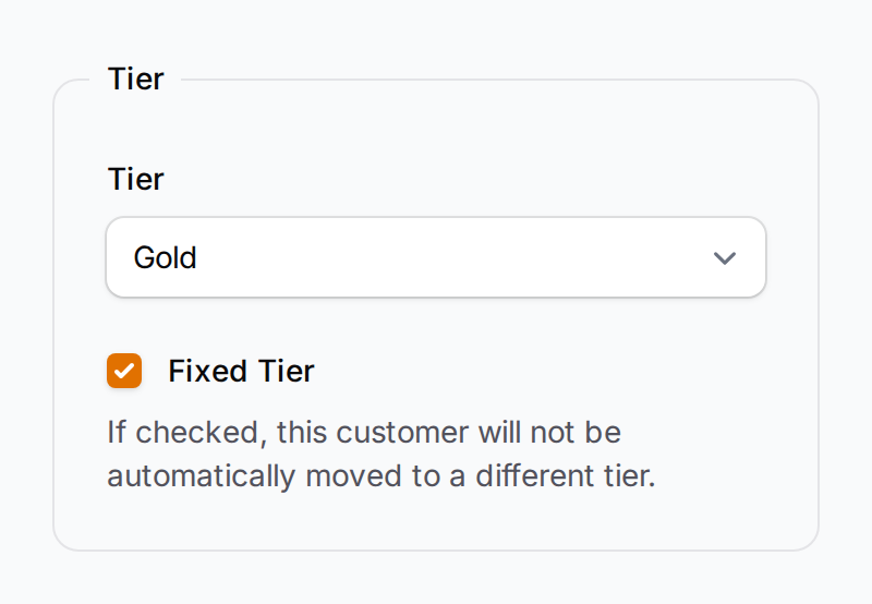 Tier fieldset showing the Tier dropdown set to Gold and the Fixed Tier checkbox ticked with helper text explaining manual tier assignment