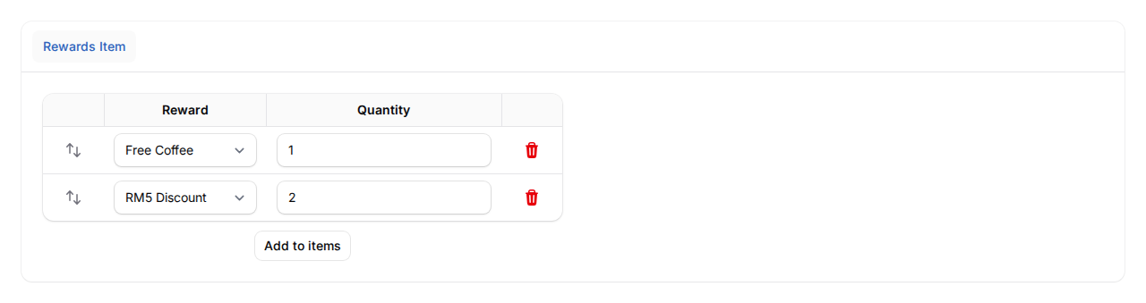 Reward Bundle Items table showing Reward and Quantity columns with two items configured