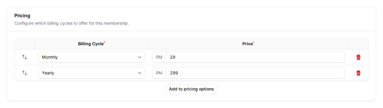 Pricing Options table showing Billing Cycle and Price columns with Monthly (RM 29) and Yearly (RM 299) rows