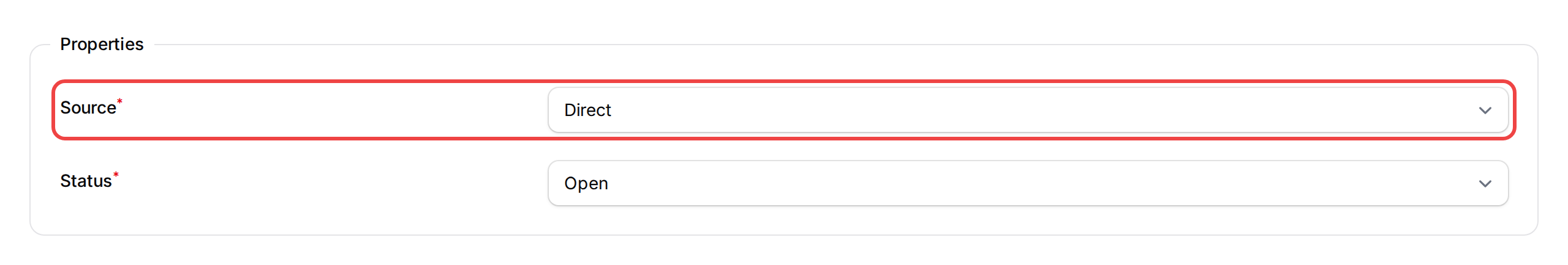 The Properties section of the customer form with the Source dropdown highlighted, showing Direct selected