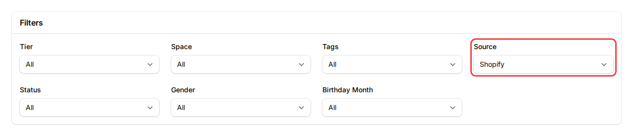 The Filters panel in the customer list with the Source dropdown highlighted, showing Shopify selected