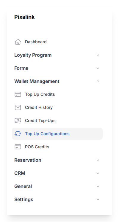 Admin panel sidebar with only Wallet Management group expanded and Top Up Configurations highlighted