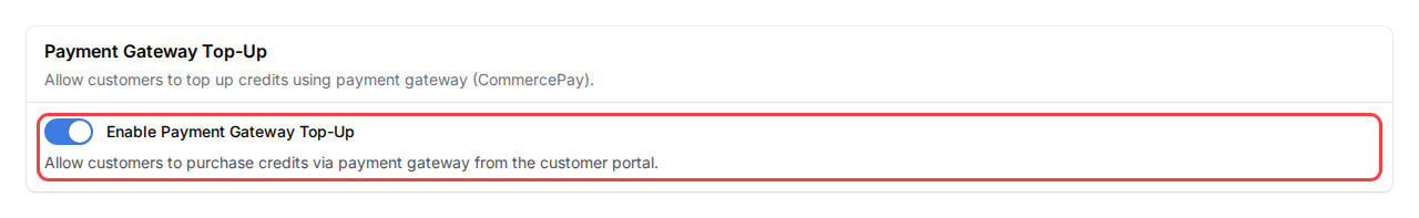 Step 10: Payment Gateway Top-Up section with Enable Payment Gateway Top-Up toggle highlighted
