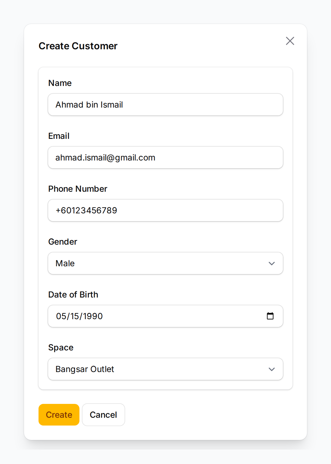 Completed customer creation form with all fields filled in and the Create button visible at the bottom
