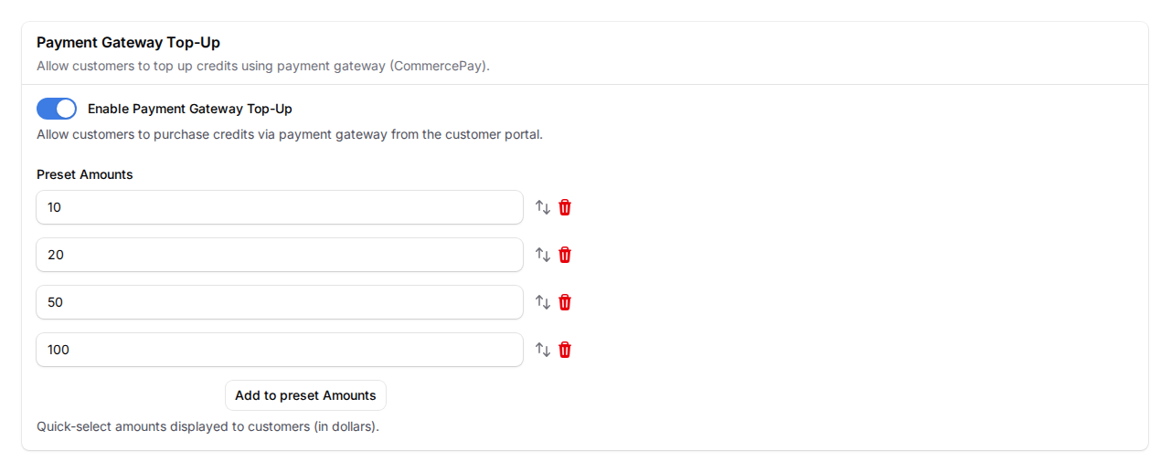 Step 11: Preset Amounts section showing four amounts (10, 20, 50, 100) with Add to preset Amounts button