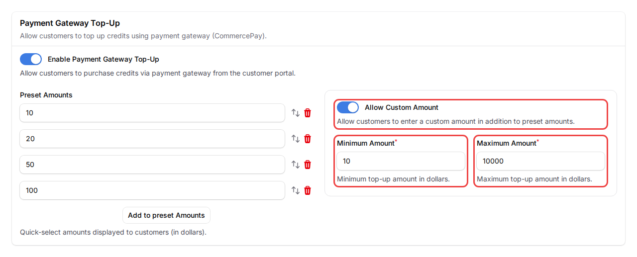 Step 12: Allow Custom Amount toggle, Minimum Amount, and Maximum Amount fields highlighted