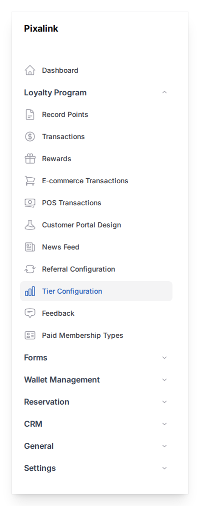 Admin panel sidebar with Loyalty Program group expanded and Tier Configuration highlighted, all other groups collapsed