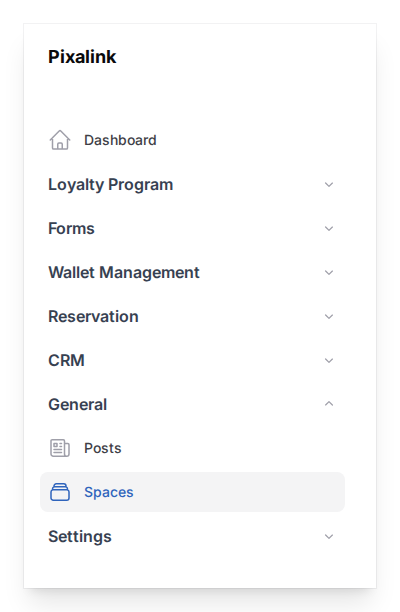 Admin panel sidebar with General group expanded showing Posts and Spaces, with Spaces highlighted as the active item. All other groups are collapsed.
