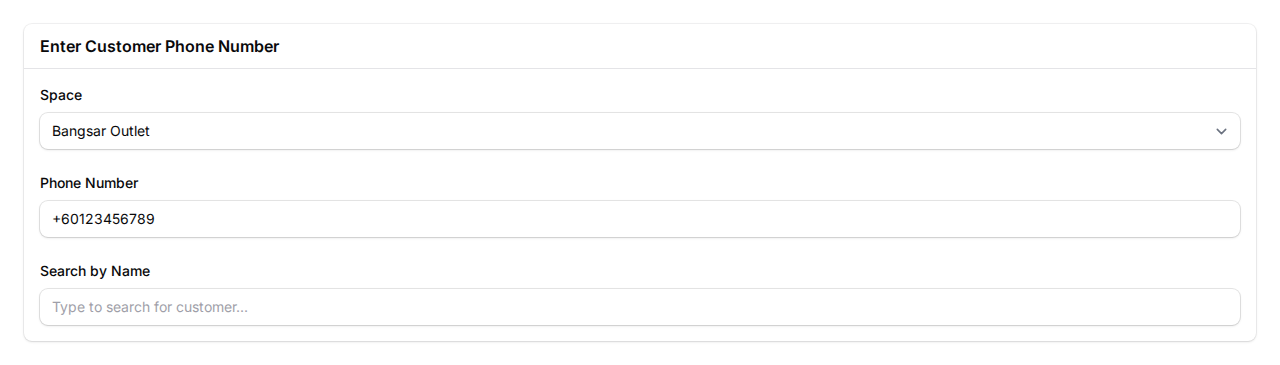 Top Up Credits wizard Step 1 showing Space dropdown set to Bangsar Outlet, Phone Number field with a number entered, and Search by Name field