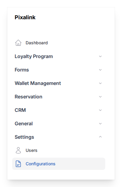 Admin panel sidebar with Settings group expanded showing Users and Configurations, with Configurations highlighted as the active item. All other groups are collapsed.