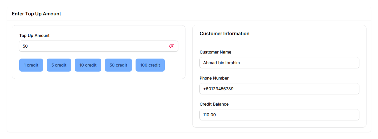 Top Up Credits wizard Step 2 showing Top Up Amount field set to 50, quick credit buttons (1, 5, 10, 50, 100), and Customer Information panel showing customer name, phone number, and credit balance of 110.00
