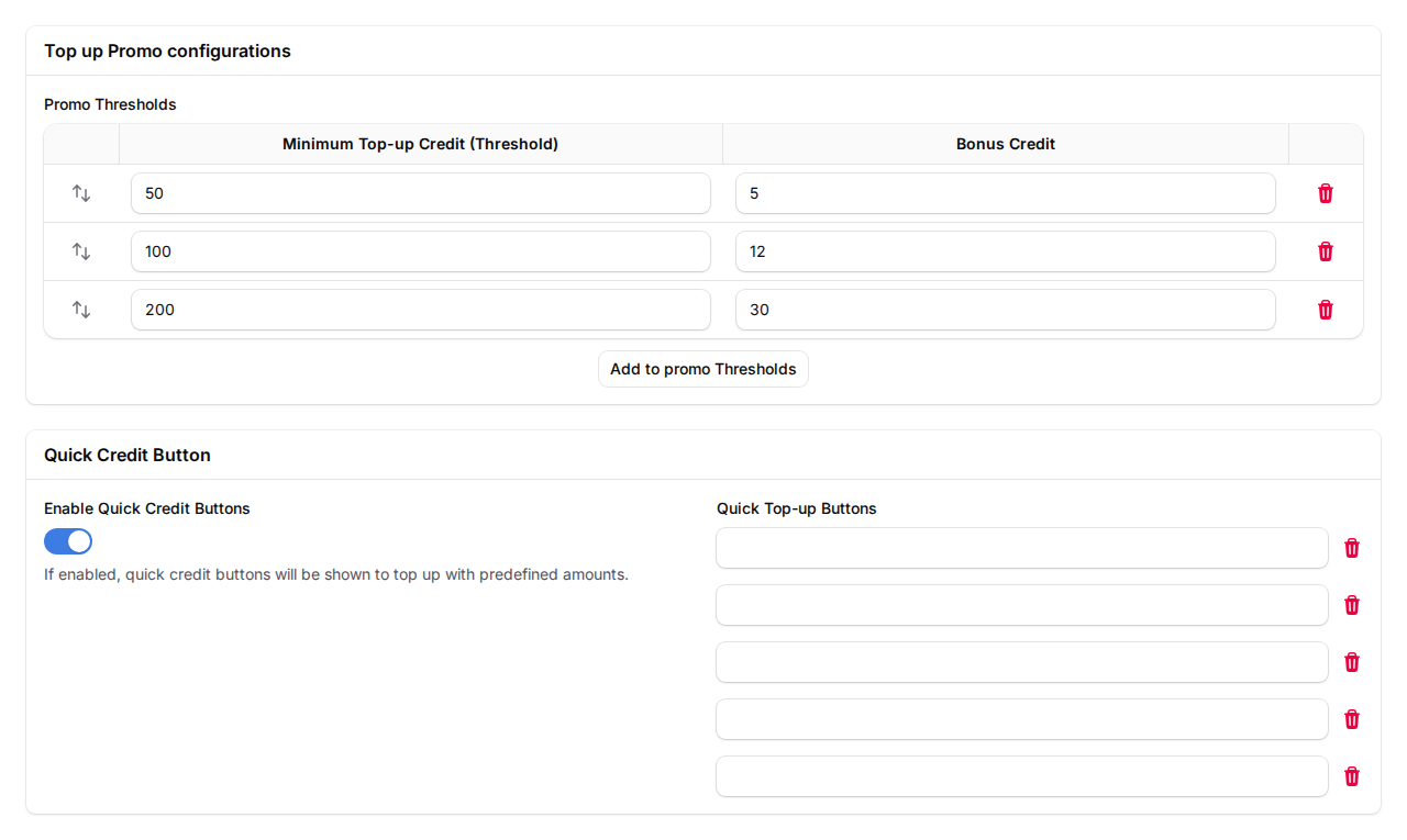 Top Up Configurations page showing Promo Thresholds table with three tiers (50/5, 100/12, 200/30) and Quick Credit Button section with Enable toggle turned on and buttons configured for 1, 5, 10, 50, 100