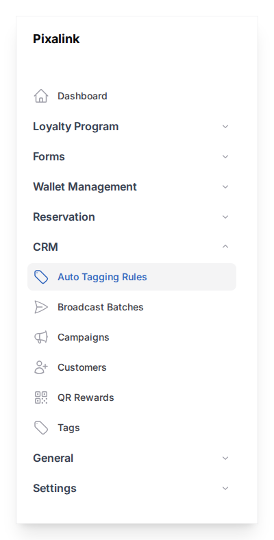 Step 1: Go to Admin Panel, then CRM, then Auto Tagging Rules in the sidebar