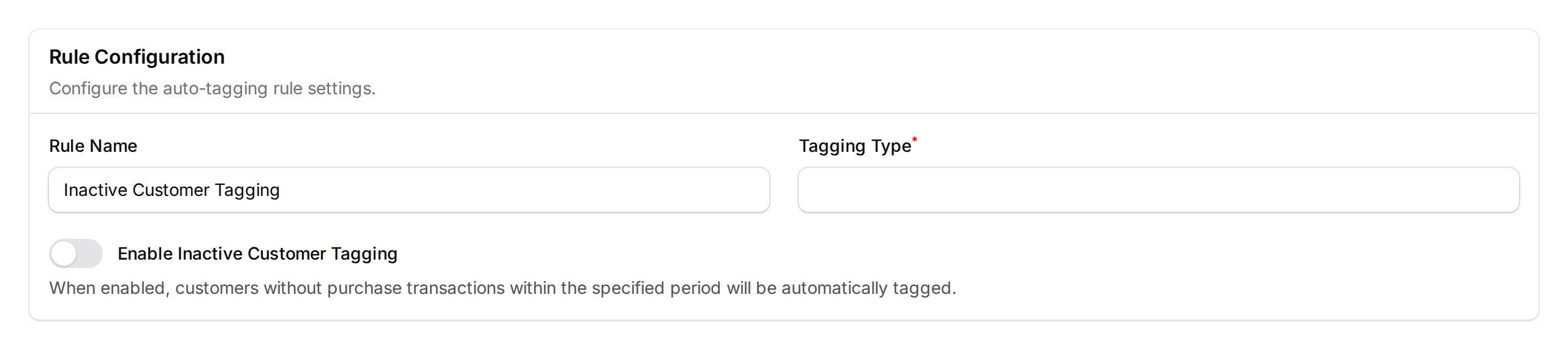 Step 3: The new auto-tagging rule form with Rule Name, Tagging Type, and Enable toggle