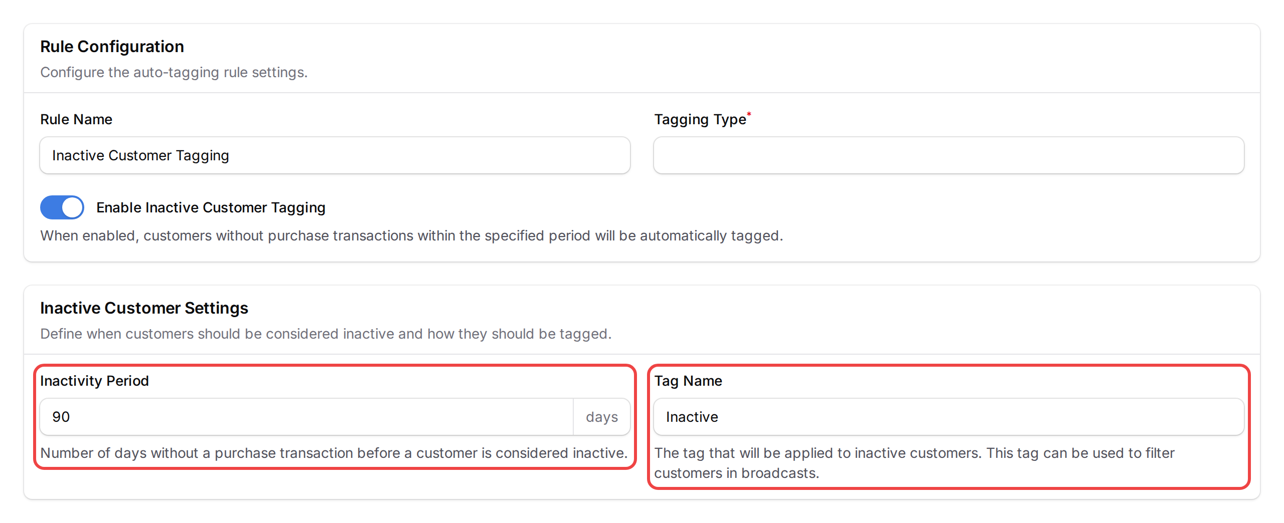 Step 4: The Inactivity Period and Tag Name fields highlighted in the Inactive Customer Settings section