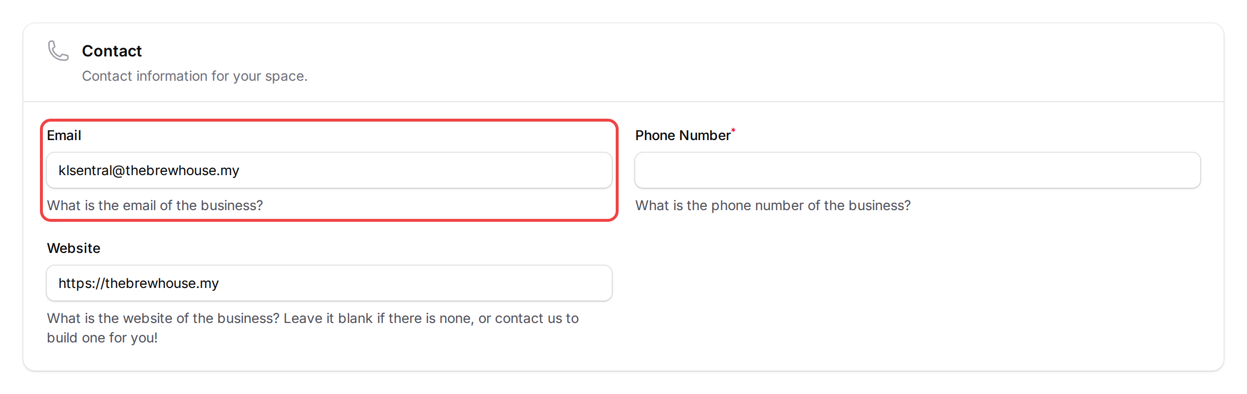 Step 3: The Email field highlighted in the Contact section of the Space edit form