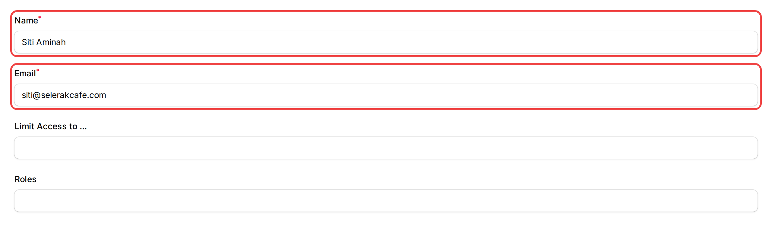 Step 3: The Name and Email fields highlighted in the invite form