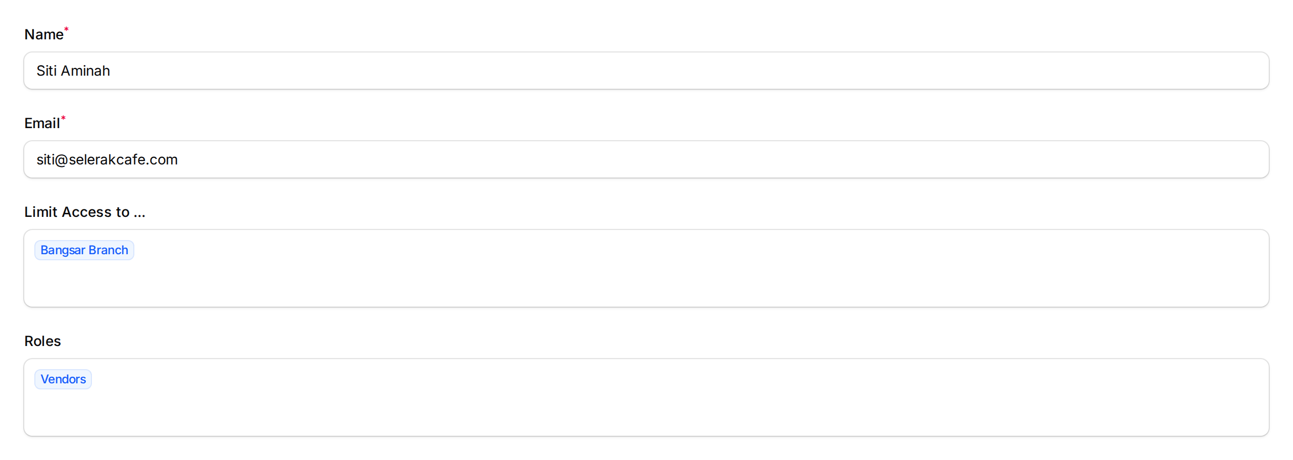 Step 4: The Roles and Limit Access to fields highlighted in the invite form