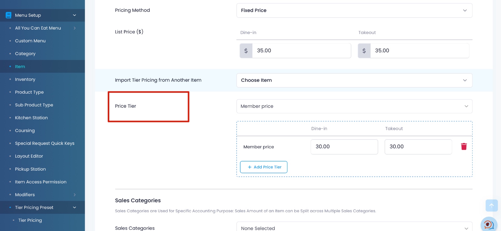 Eats365 Menu Setup Item page showing Price Tier with Member price set to 30.00 for dine-in and takeout, compared to list price of 35.00