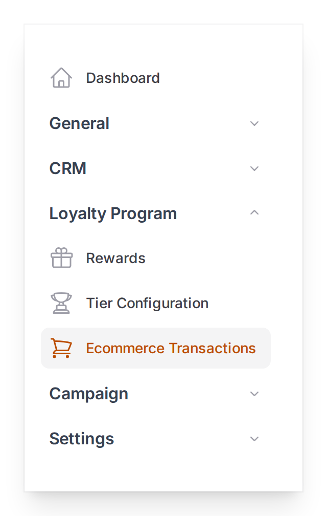 Admin panel sidebar showing Loyalty Program group expanded with Ecommerce Transactions highlighted