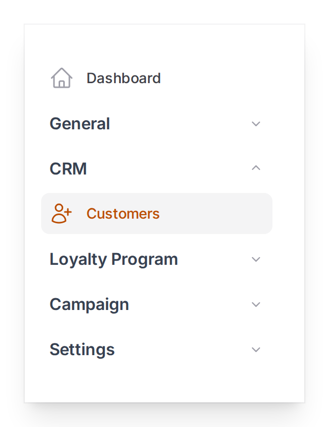 Admin panel sidebar showing CRM group expanded with Customers highlighted
