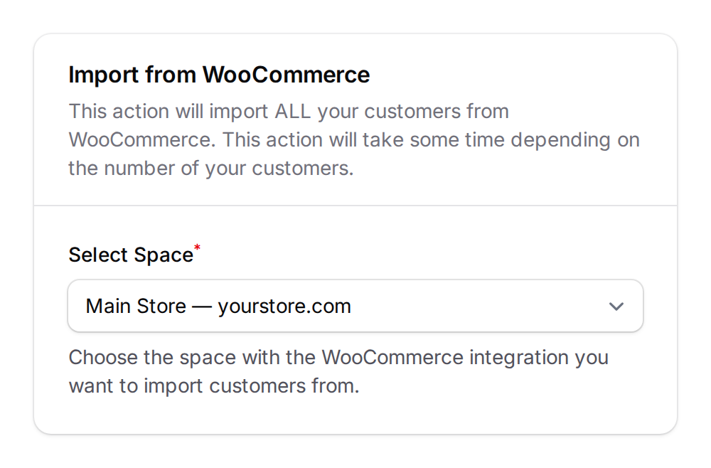 Import from WooCommerce form with Select Space dropdown showing Main Store selected