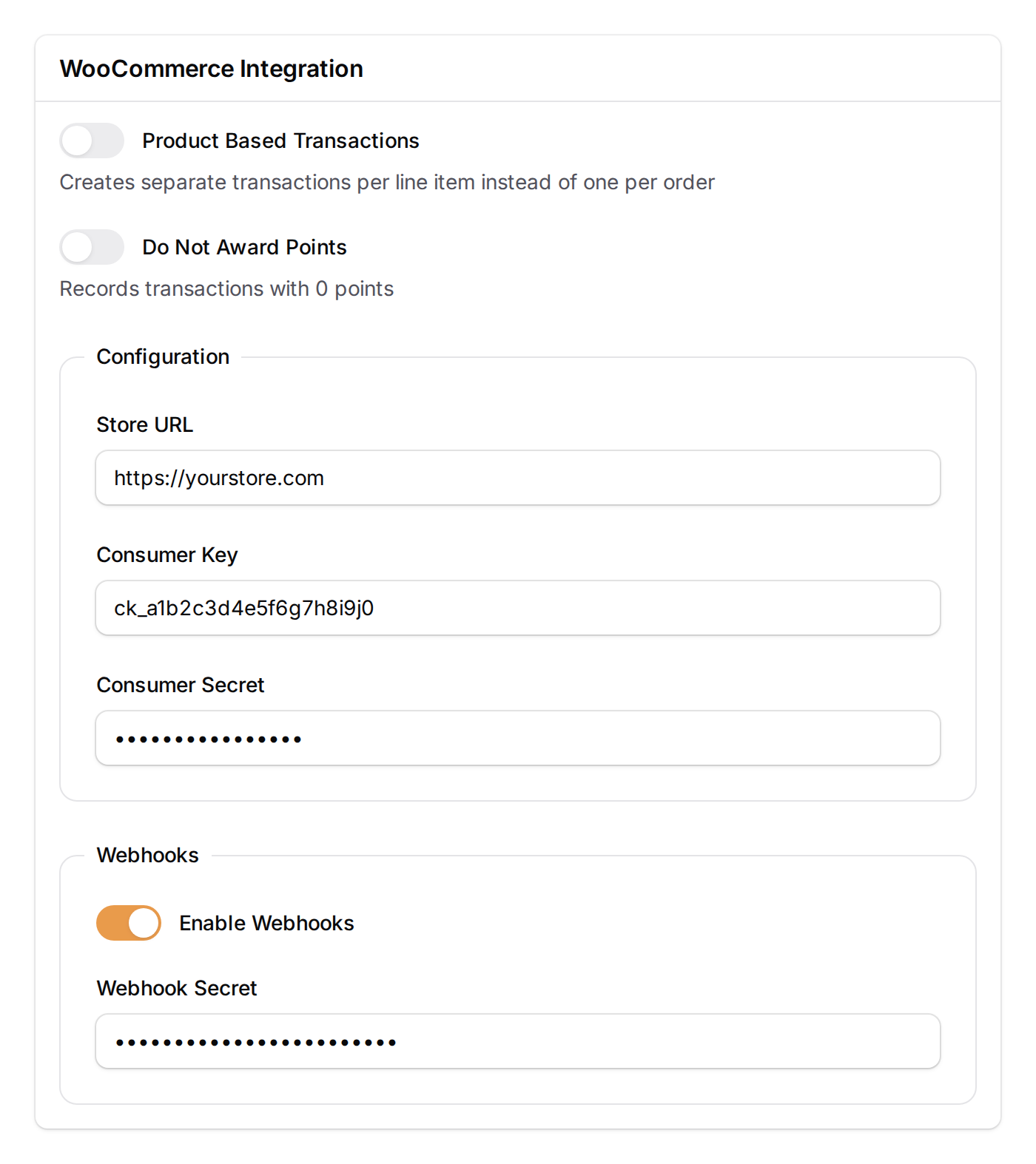 WooCommerce Integration settings section showing read-only feature toggles, store URL, credentials, and webhook configuration