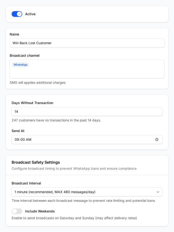 Step 2: The Win Back campaign creation form showing Days Without Transaction set to 14, Send At set to 09:00 AM, Broadcast channel set to WhatsApp, and Active toggle enabled