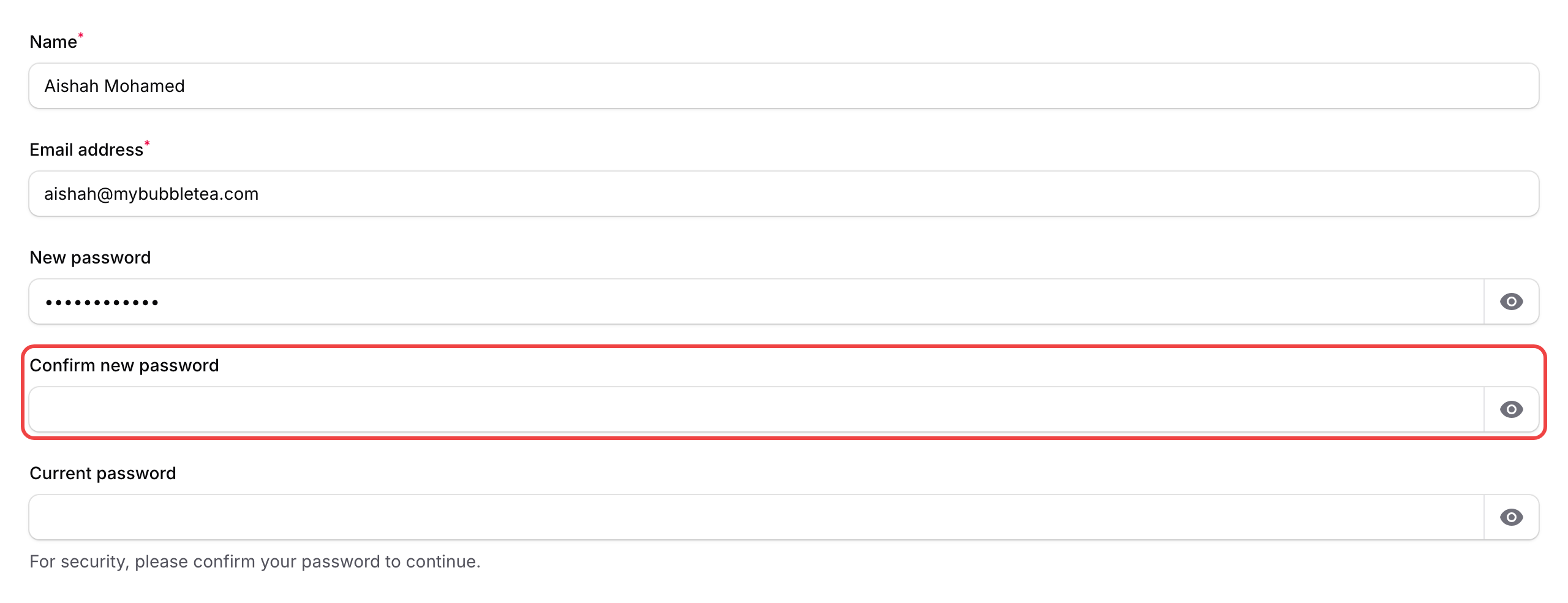 Step 3: The Confirm new password field highlighted with Current password field visible below