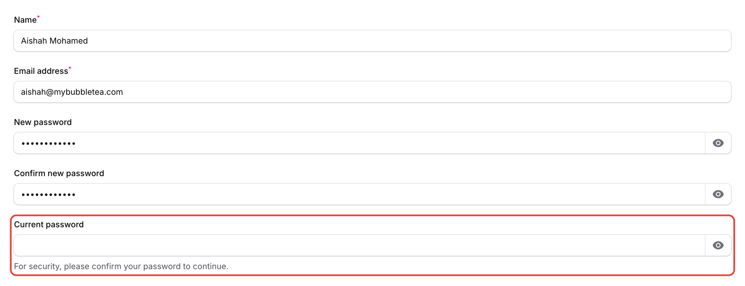 Step 4: The Current password field highlighted with helper text visible
