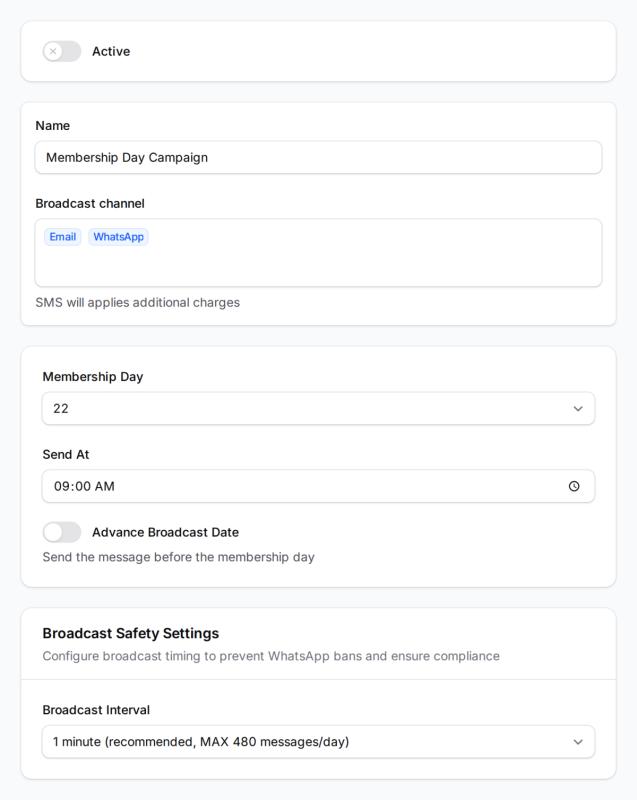 Step 3: The Membership Day campaign form showing Membership Day set to 22, Send At set to 09:00 AM, Broadcast channels Email and WhatsApp selected