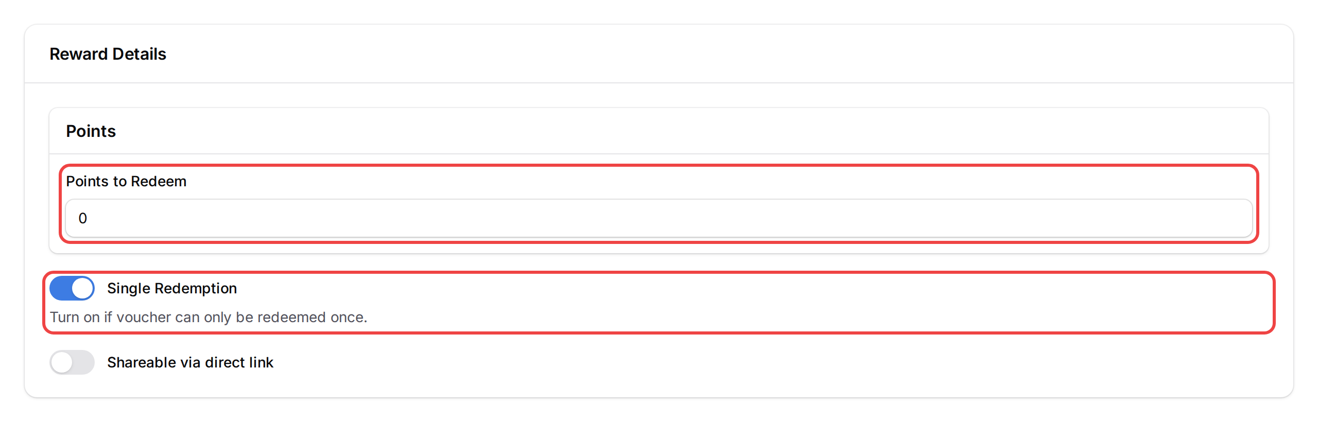 Step 4: The Reward Details section with the Points to Redeem field and the Single Redemption toggle highlighted