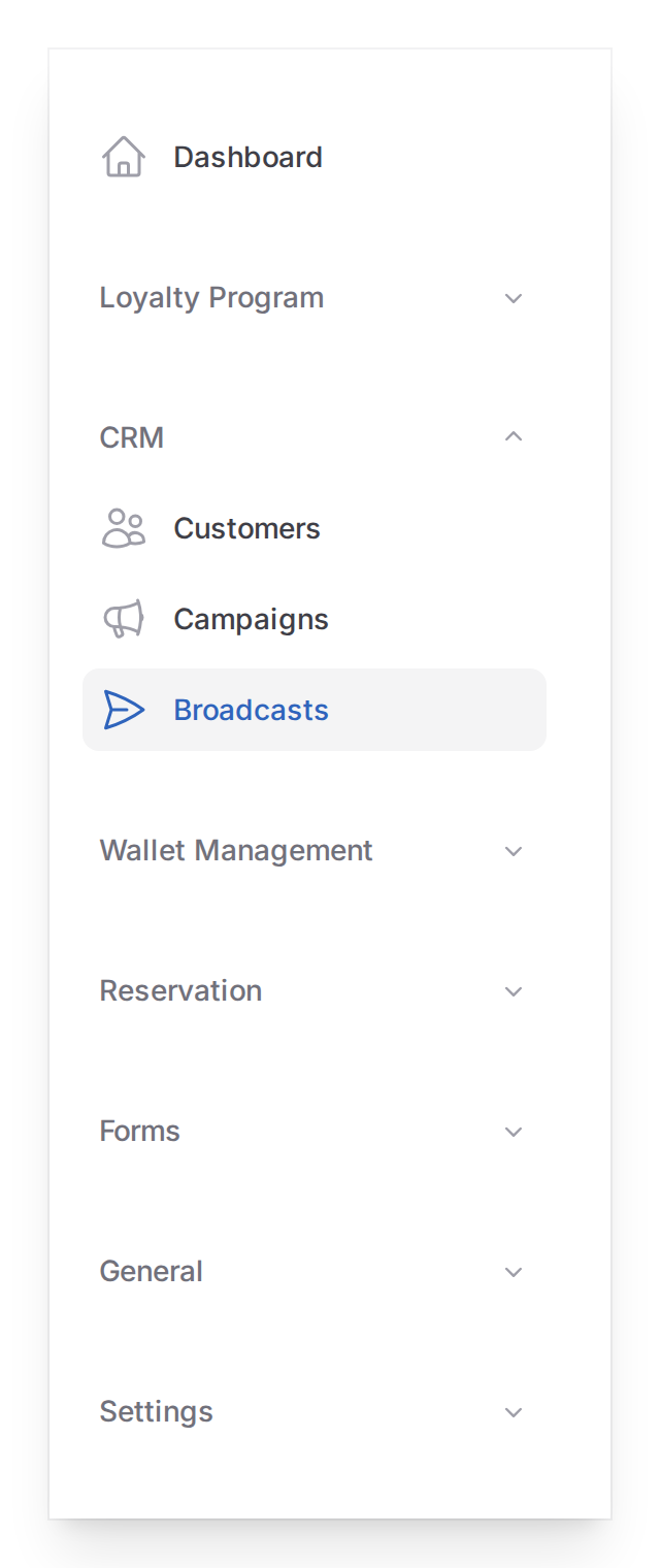 Step 5: Admin panel navigation showing the CRM group with Broadcasts selected