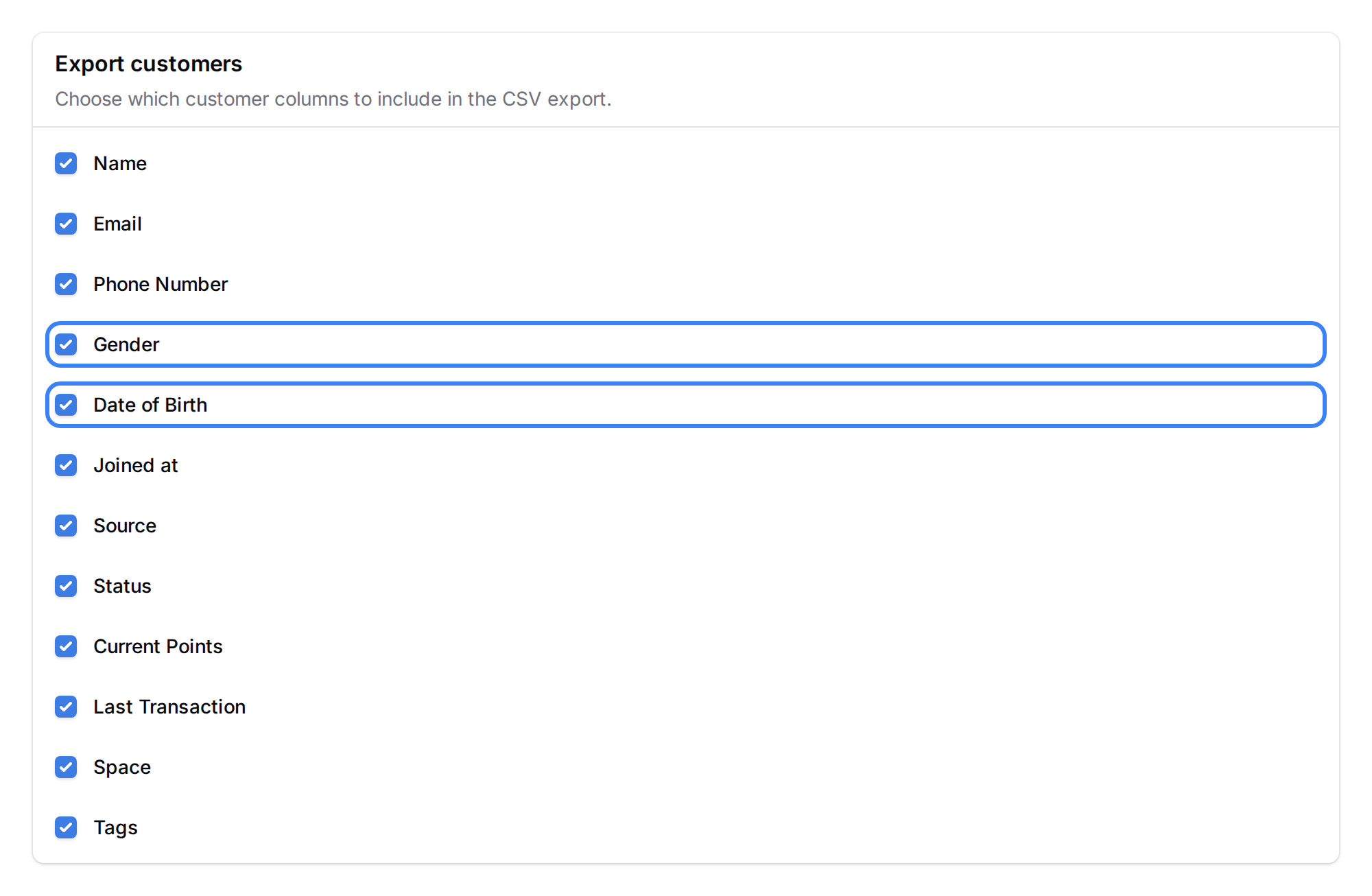 Step 1: The Export button under the Actions dropdown on the Customers page