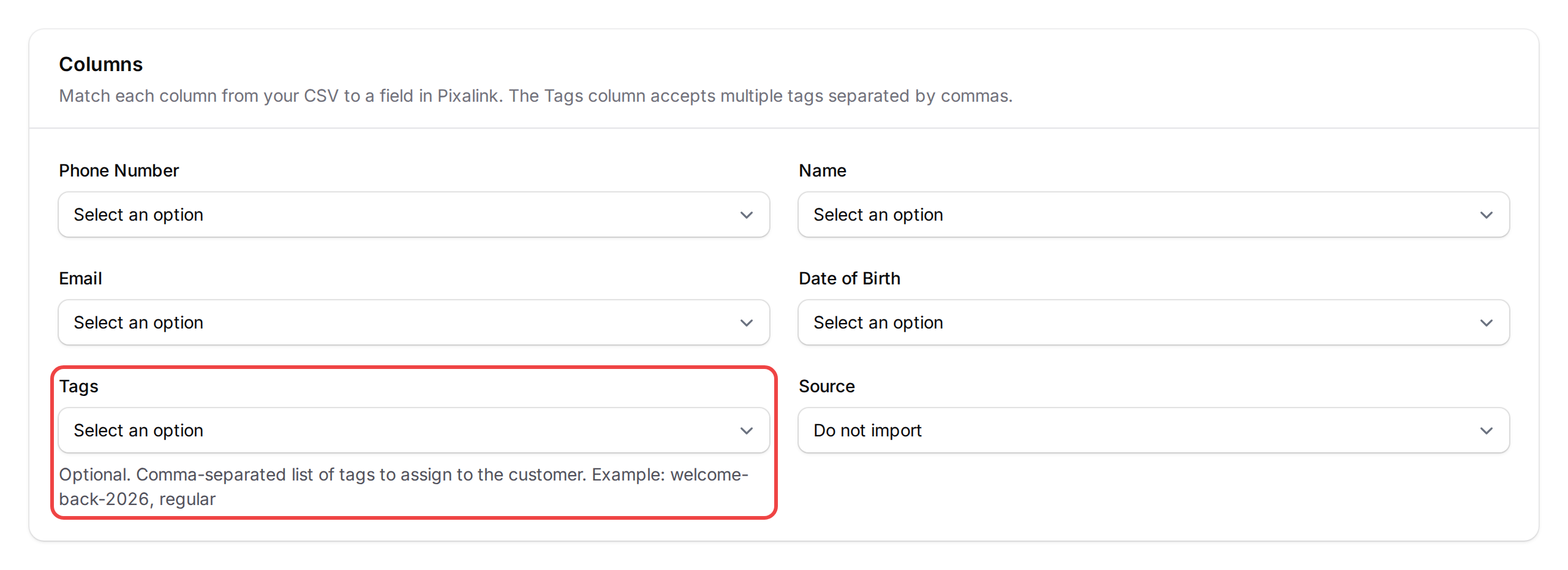 Step 2: The CSV column mapping screen with the Tags field highlighted, showing the helper text that explains comma-separated tags