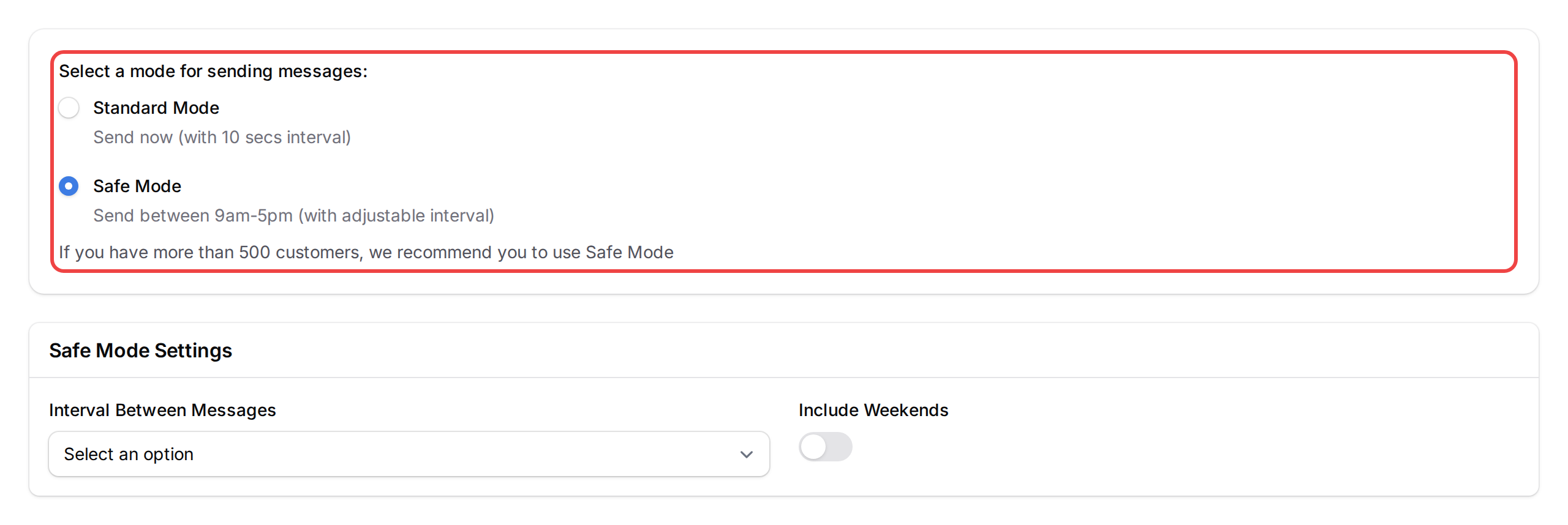 Step 7: The broadcast configuration wizard with Safe Mode selected as the sending mode