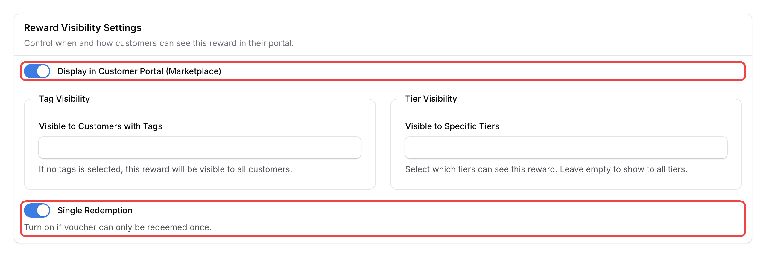 Reward Visibility Settings with Display in Customer Portal and Single Redemption toggles highlighted, Tag Visibility and Tier Visibility selects empty