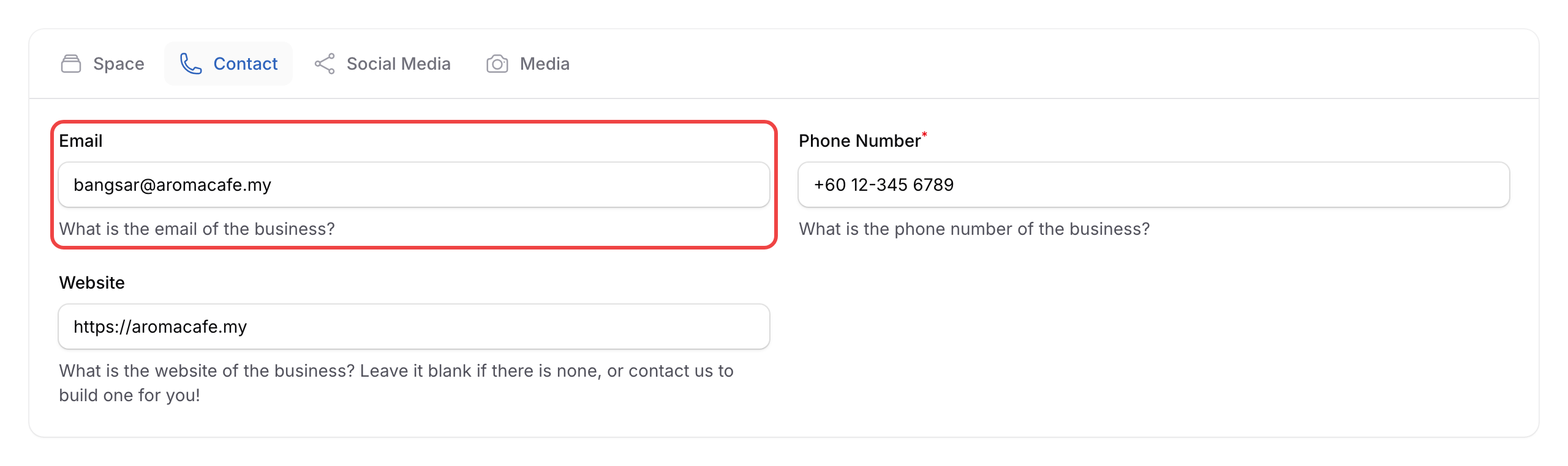 Step 4: The Email field highlighted on the Contact tab
