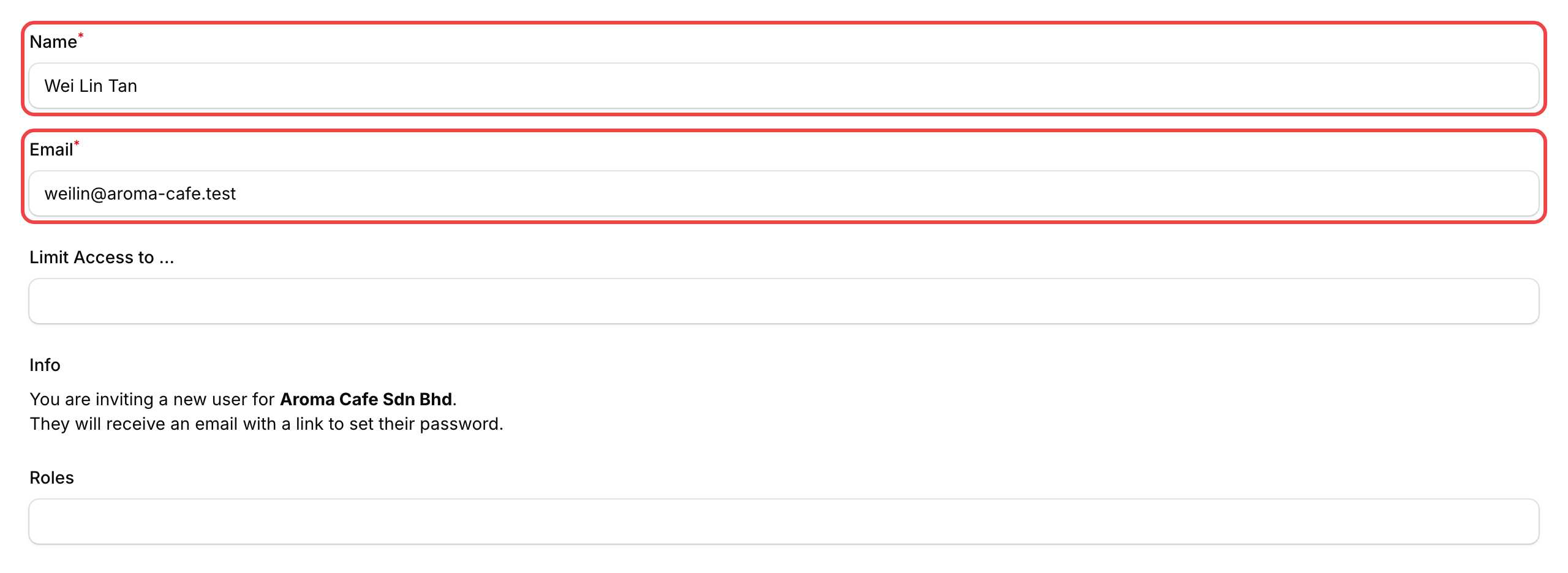 Step 3: The Name and Email fields highlighted on the new user form