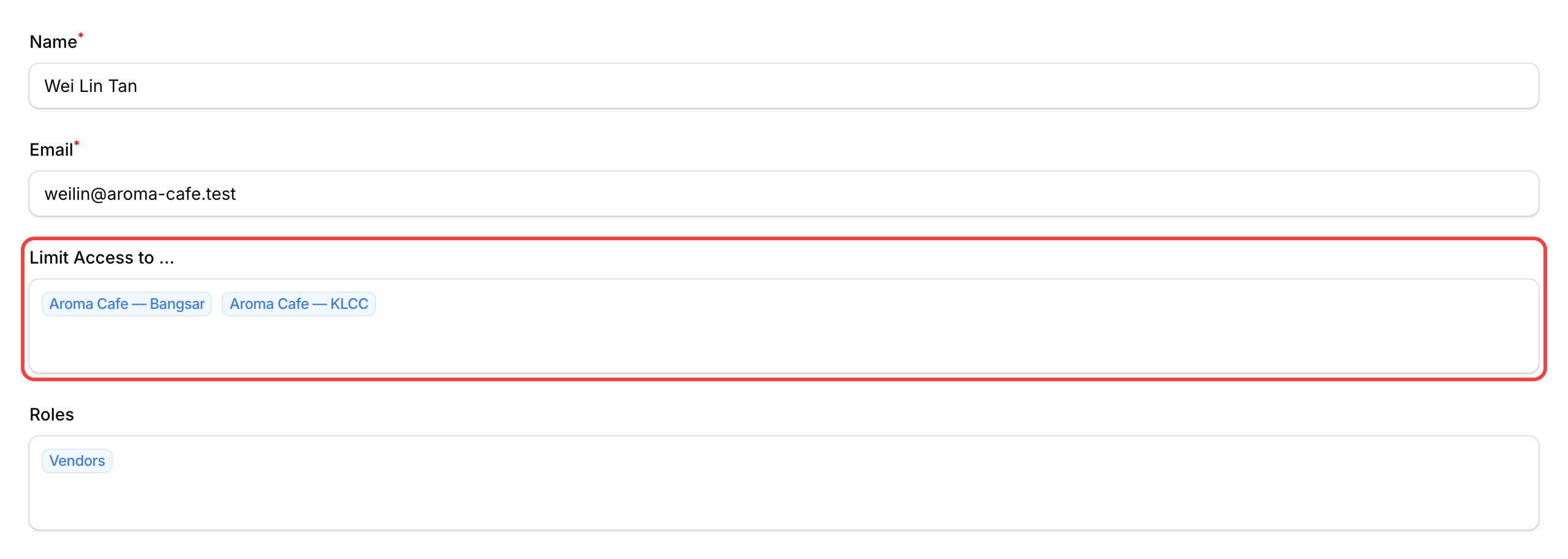 Editing a teammate to add another outlet to their access list