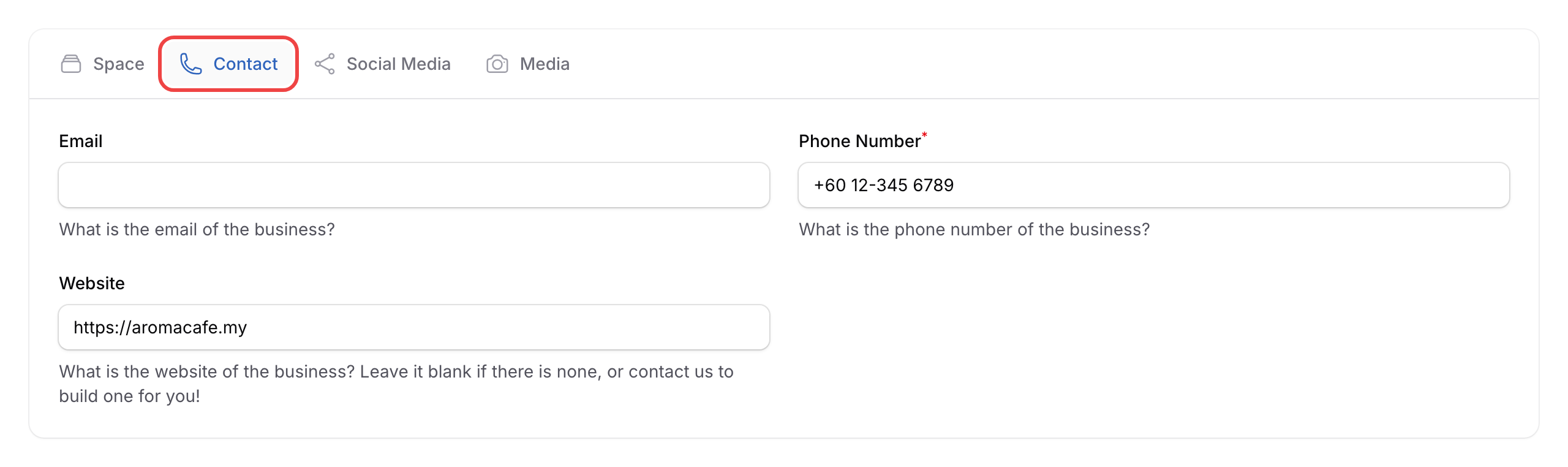Step 3: The Contact tab highlighted on the Edit Space form, with the tab bar showing Space, Contact, Social Media, and Media