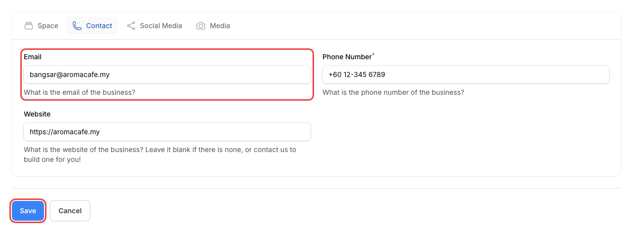 Step 5: Email field filled in with bangsar@aromacafe.my, with the Save button highlighted at the bottom of the form