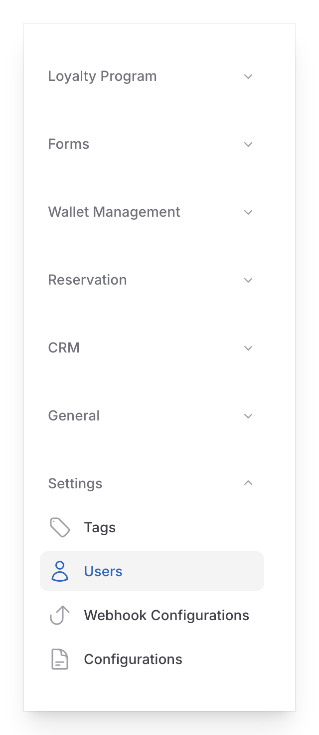 Step 1: Settings menu expanded showing the Users option highlighted