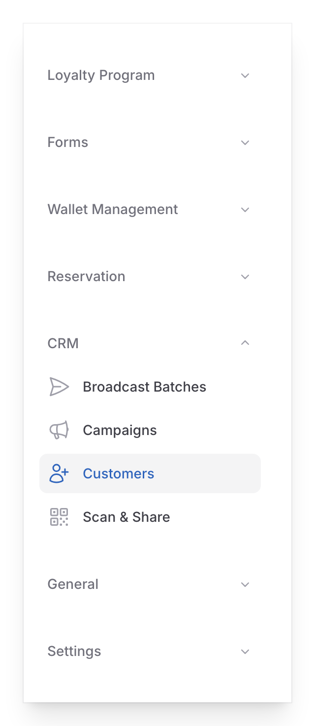 Navigation sidebar with the CRM group expanded and Customers selected