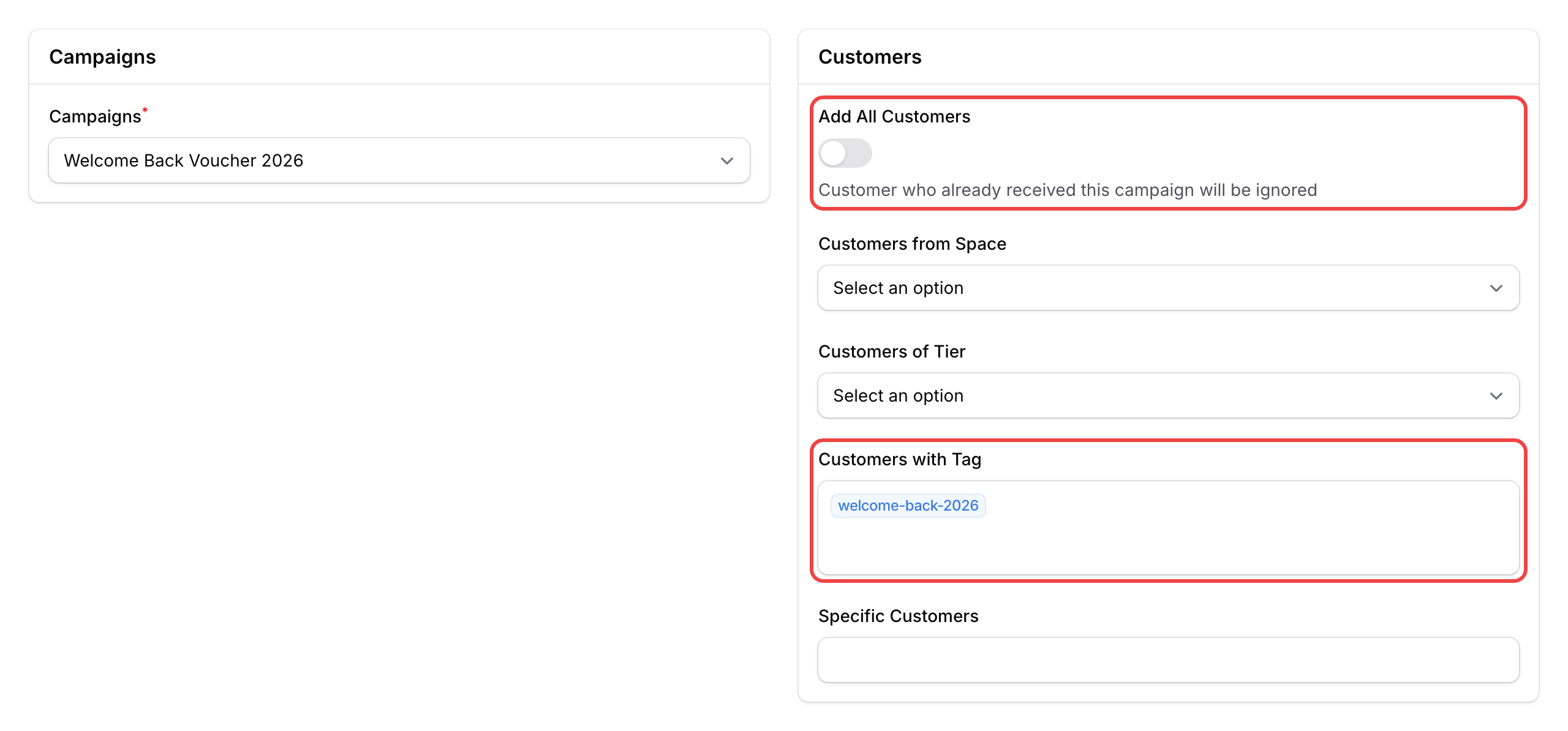 Step 6: The Broadcast form with the Add All Customers toggle off and the Customers with Tag field highlighted