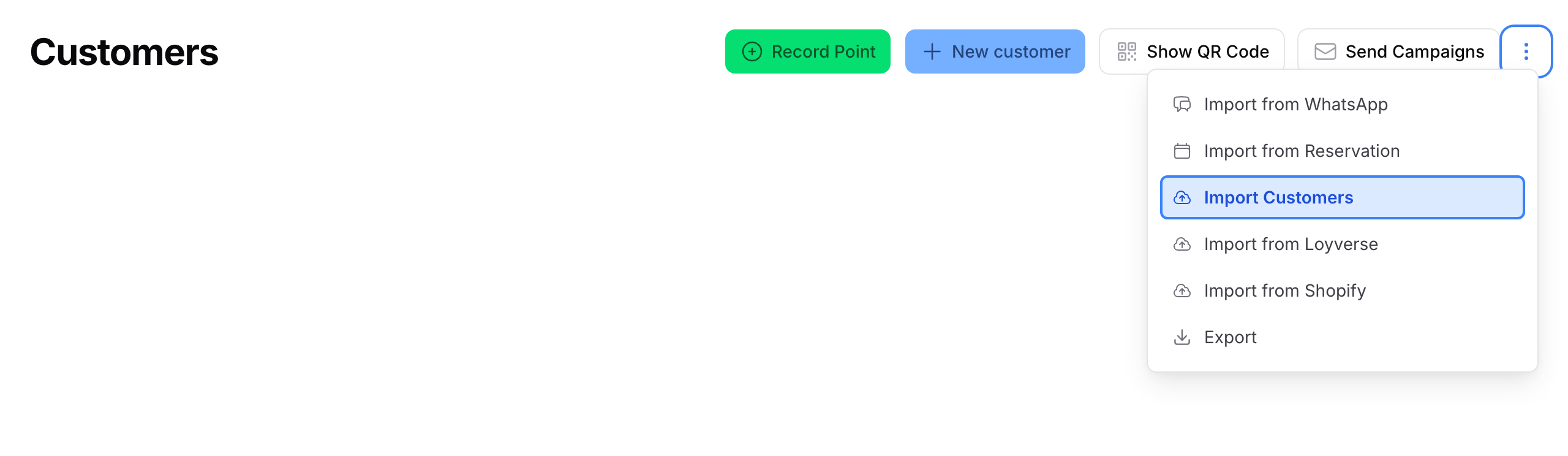 Step 1: The kebab icon next to Send Campaigns is open, showing the import dropdown with Import Customers highlighted