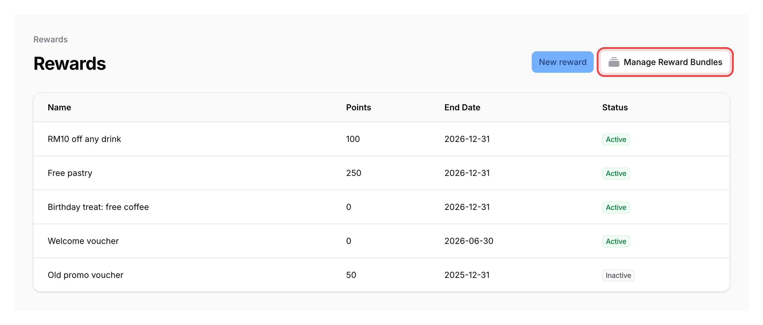 Step 2: Rewards list page showing the breadcrumb at the top and the Manage Reward Bundles header button highlighted
