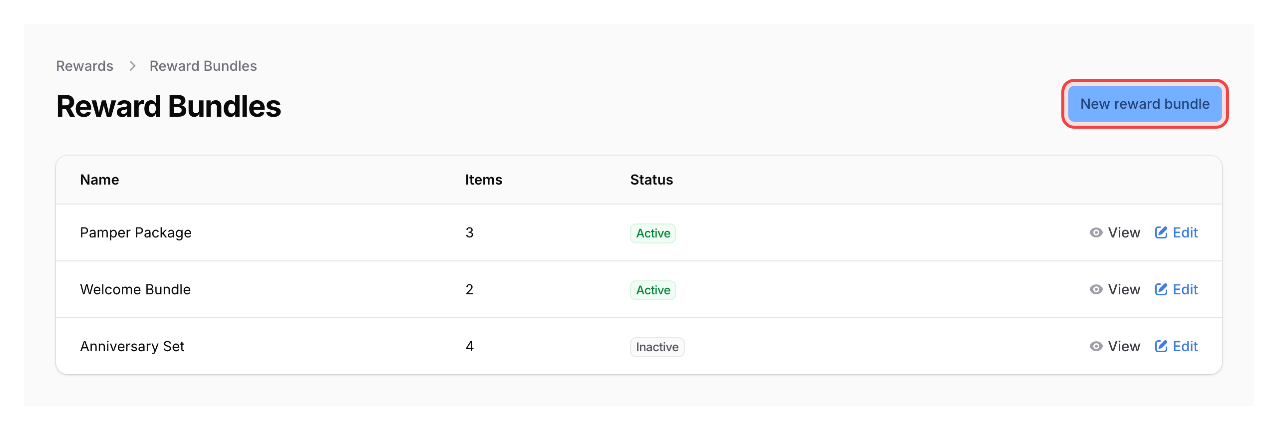 Step 3: Reward Bundles list page showing the Rewards / Reward Bundles breadcrumb at the top and the New Reward Bundle header button highlighted