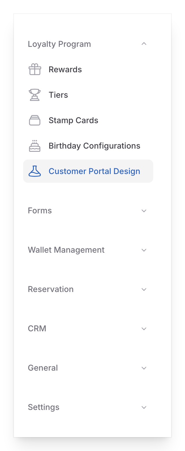 Step 1: Loyalty Program group expanded with Customer Portal Design highlighted in the admin sidebar